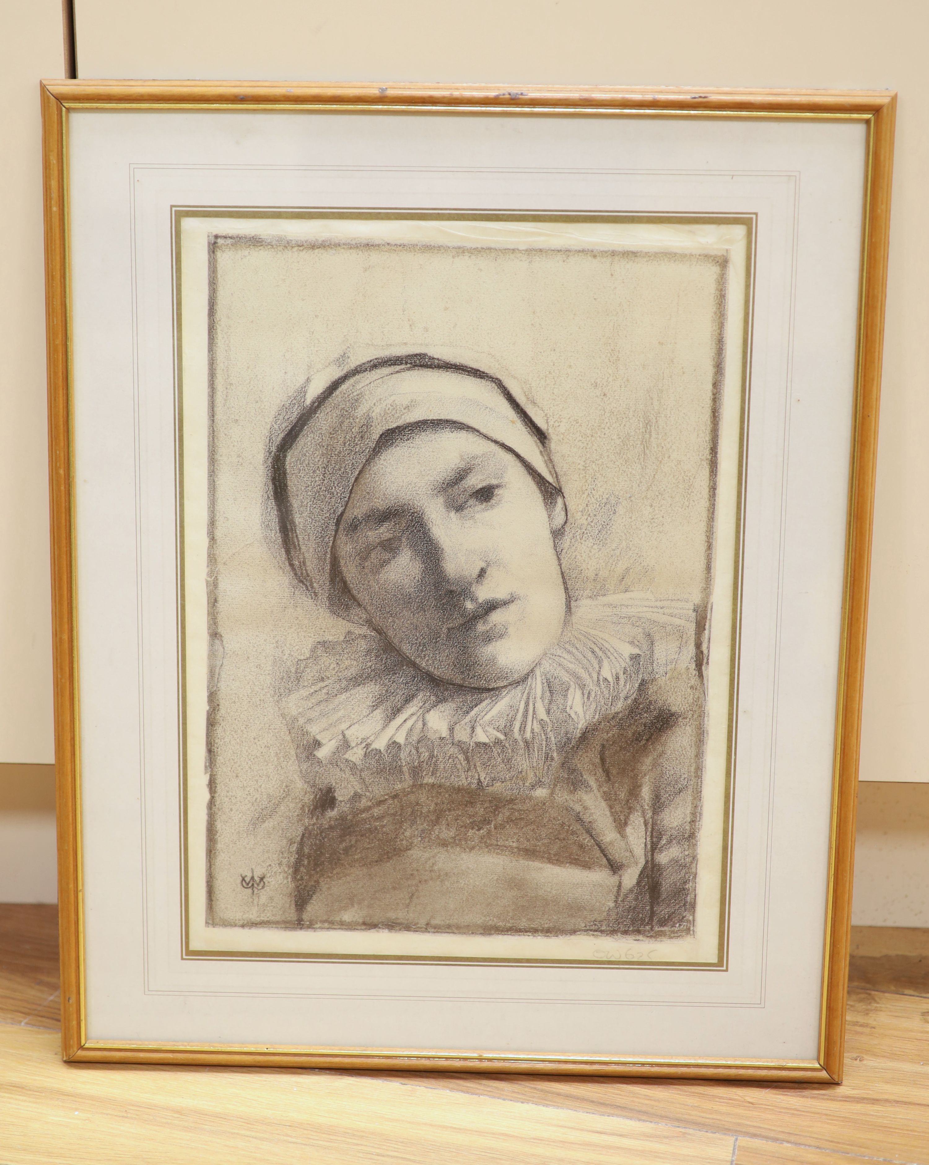 Attributed to William John Wainwright (1855-1931), charcoal drawing, Portrait of Pierrot, monogrammed, 37 x 26cm